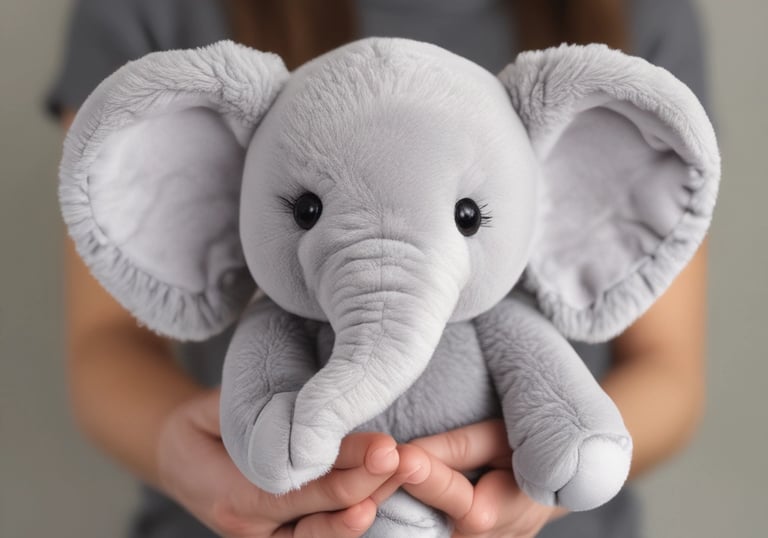 A soft grey plush elephant toy being held gently in two hands against a neutral background.