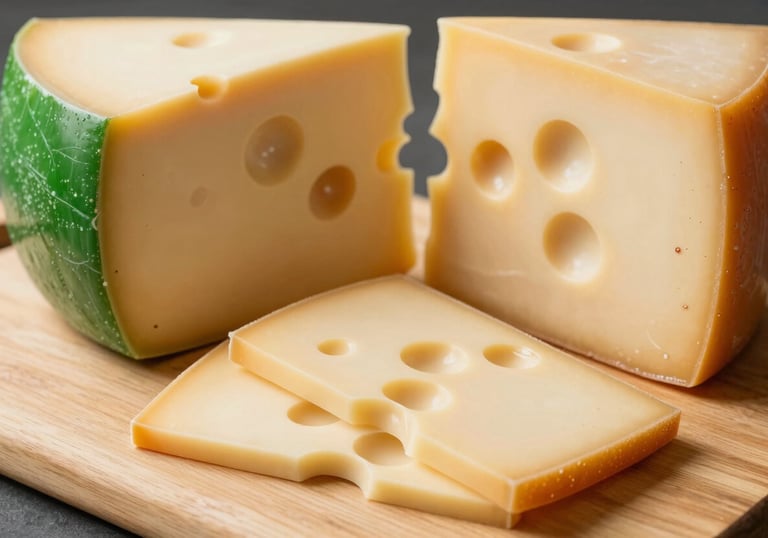 Slices of yellow Swiss cheese with characteristic holes arranged on a light wood board. Latin American / Spanish gourmet presentation. Palette: Forest Green and Creamy Vanilla.