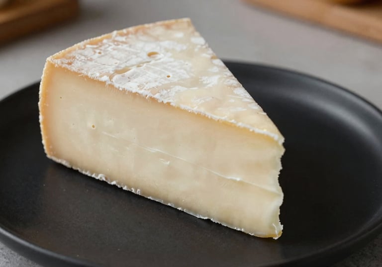 Close-up of a creamy white cheese wedge (Manteco style) on a minimalist black ceramic plate. Latin American / Spanish home dining setting. Palette: Creamy Vanilla and Black.