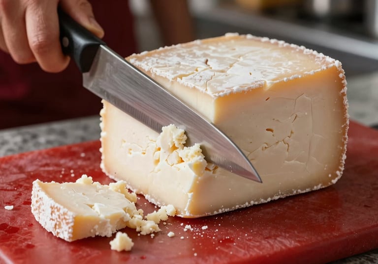 Close-up of a block of crumbly, aged white cheese being sliced with a professional knife. Latin American / Spanish kitchen counter setting. Palette: Vivid Red accents and Creamy Vanilla.
