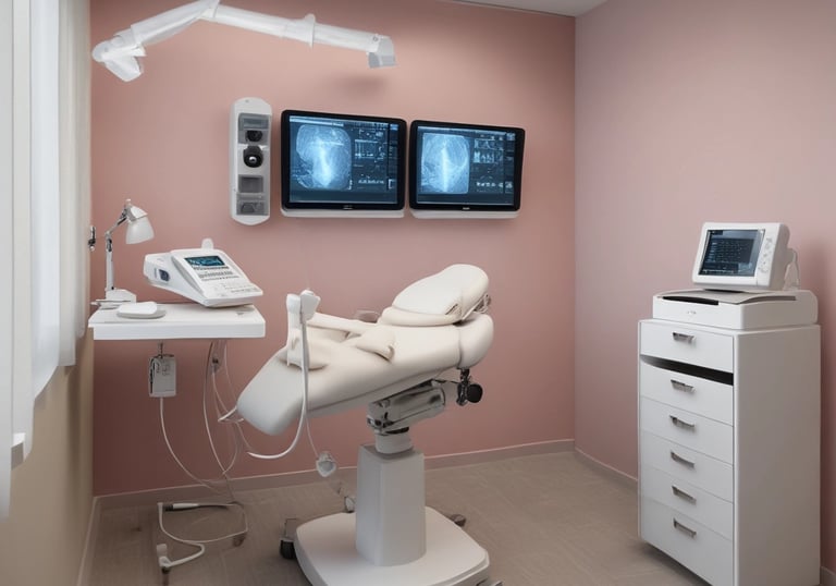 A modern medical consultation room with equipment and a doctor attending a patient.