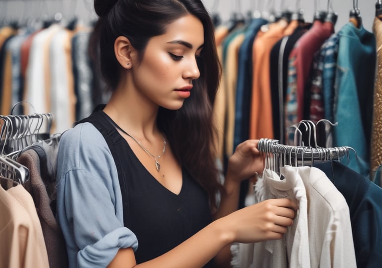 Young woman browsing stylish clothing on a retail garment rack in a fashion boutique.