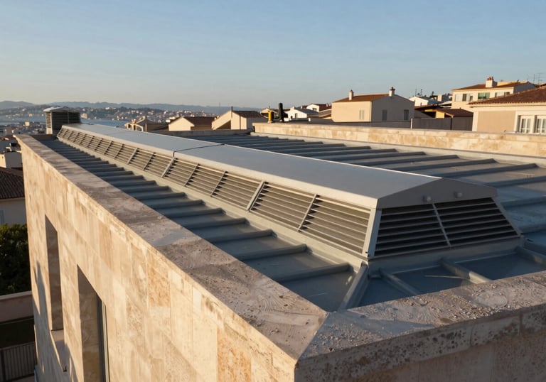 Final view of a beautiful Marseille residence with a perfectly installed roof ridge and venting (closoire), architectural elegance, afternoon sun, professional finish.