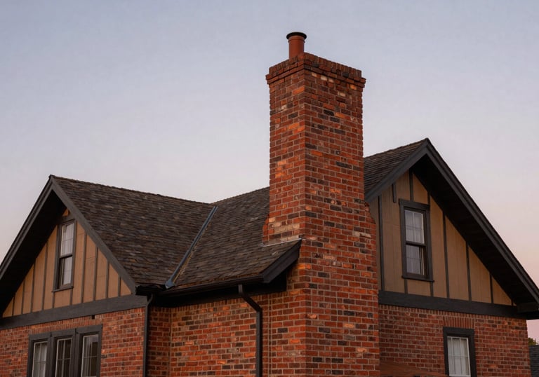 A wide-angle shot of a beautiful, clean brick chimney on the side of a traditional North American / US house. The sky is a soft dusk color, and the house has dark espresso trim and warm brown accents.