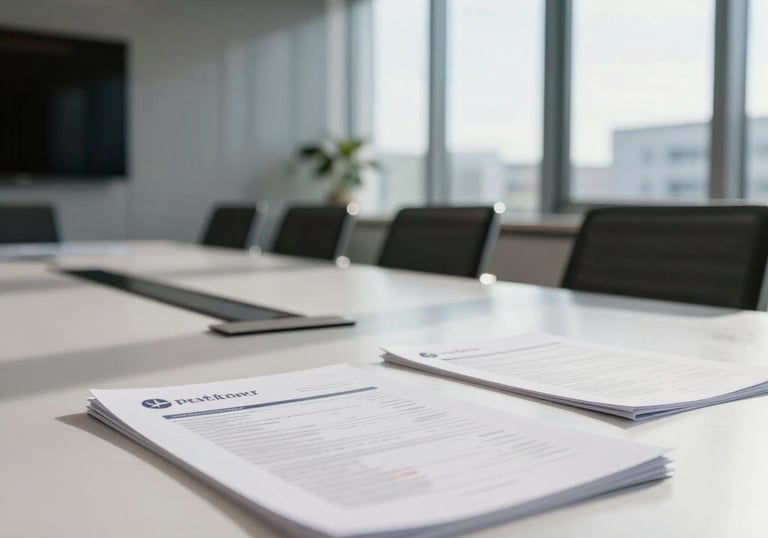 A modern sleek Polish bank meeting room with natural daylight streaming through large windows, a clean table with high-end financial documents.