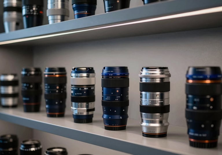 A photo of finished high-tech products neatly arranged on a shelf in a modern showroom, symbolizing successful market entry, in dark navy and steel blue tones.