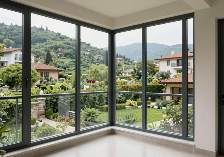 A wide shot of a residential balcony featuring a foldable glass system. The view overlooks a green Anatolian garden. The style is clean, airy, and bright, emphasizing the transparent, invisible look of the glass.