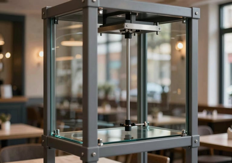 A vertical motorized giyotin glass system installed in a stylish Anatolian cafe. The frames are graphite grey, and the glass is crystal clear, showing a blurred professional interior. Natural daylight, technical detail focus.