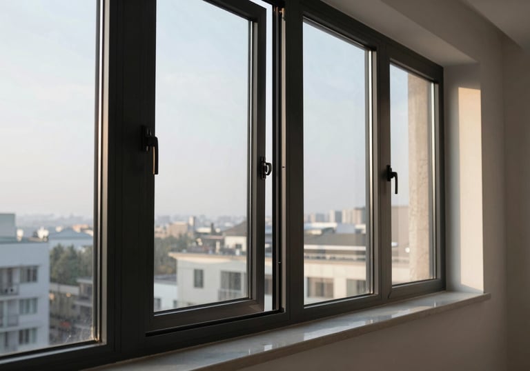 A stylish interior view of a modern apartment with large PVC window frames in charcoal black. The lighting is soft morning light, highlighting the premium finish of the frames and the quality of the glass seal.
