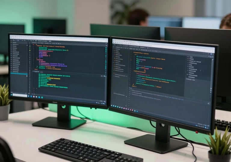 A modern software development workstation in a Latin American / Spanish tech hub, featuring multiple monitors displaying clean code, mint green lighting accents, and professional desk setup.