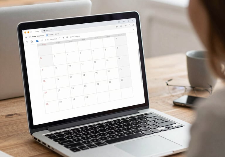 A neat workspace showing a laptop with a calendar and emails on screen.