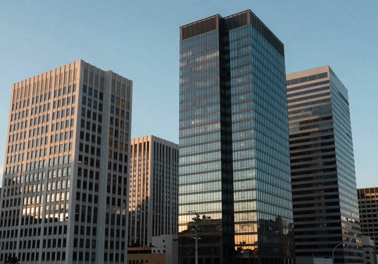 A group of modern South American / Brazilian office buildings against a clear sky, reflecting soft sky blue tones.