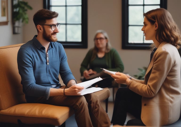 Friendly financial advisor discussing options with a client in an office.