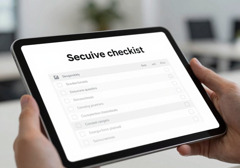 A close-up of a digital tablet showing a secure checklist, with soft focus on a modern office background.