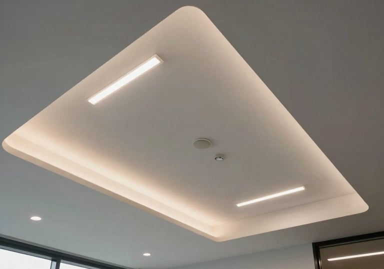 Low angle shot of a clean, modern commercial office space in Vancouver with high-end recessed LED lighting expertly installed.