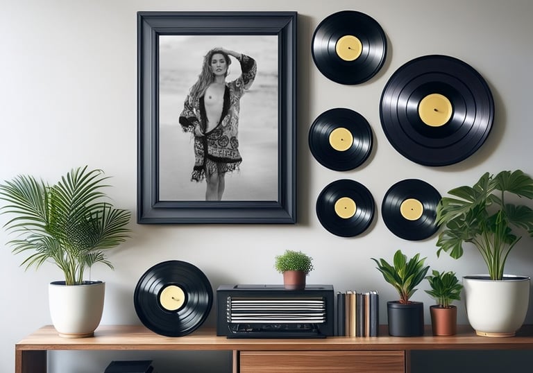 Framed image over the shelf with vinyl records