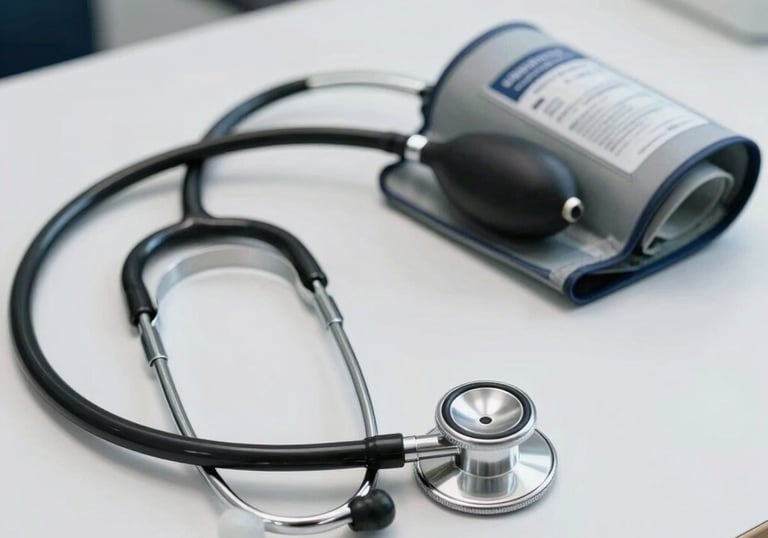 A sharp, professional photograph of a stethescope and a blood pressure cuff resting on a clean white table in a medical office setting.