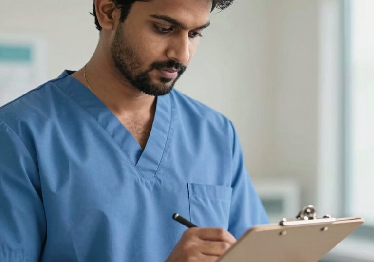 A close-up photograph of a South Asian male nursing student in a blue scrub top looking professionally at a medical clipboard in a well-lit clinical setting.