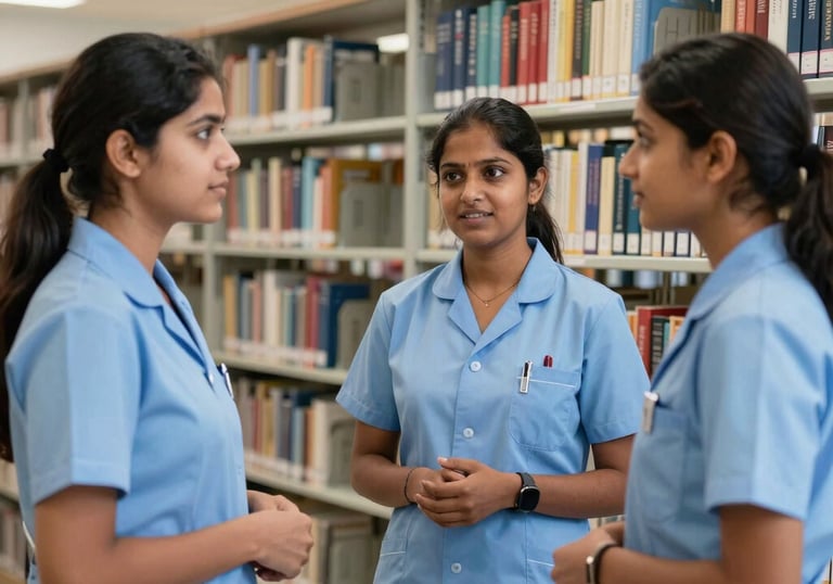 A group of three South Asian female nursing students in light blue uniforms talking in a bright, modern library with medical textbooks on the shelves behind them.
