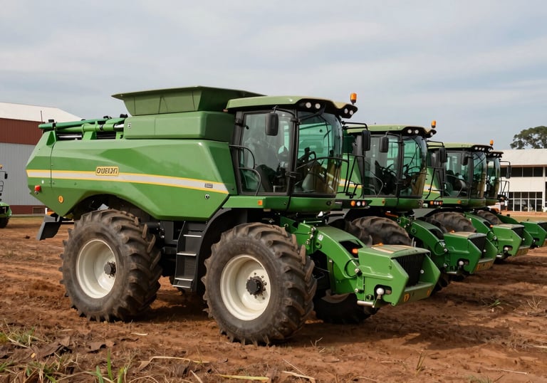 A fleet of modern green agricultural machinery parked neatly on a Brazilian farm, a clean and organized rural facility in the background, professional and efficient atmosphere.