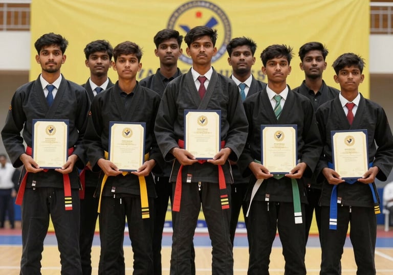 A group of South Asian students standing proudly on a podium after a belt ceremony, holding certificates and wearing new colored belts. The background is a professional tournament hall with yellow banners and academy branding.