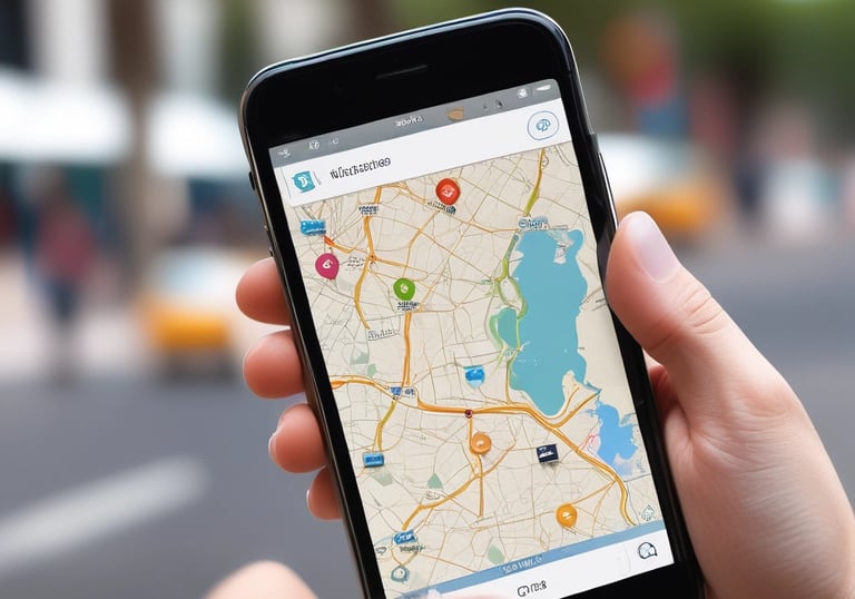 Hands holding smartphone displaying a mobile travel app with vacation destination listings.