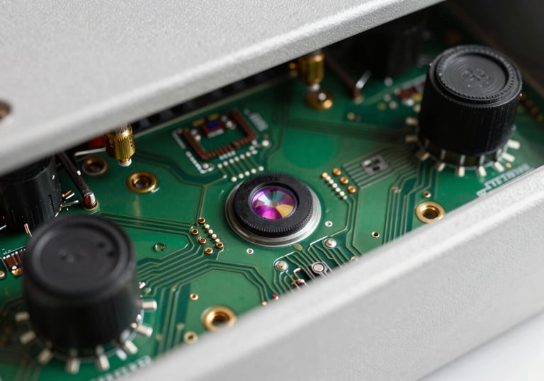 Macro photography of internal circuitry and high-quality optical sensors of a professional alarm system, highlighting technological precision.