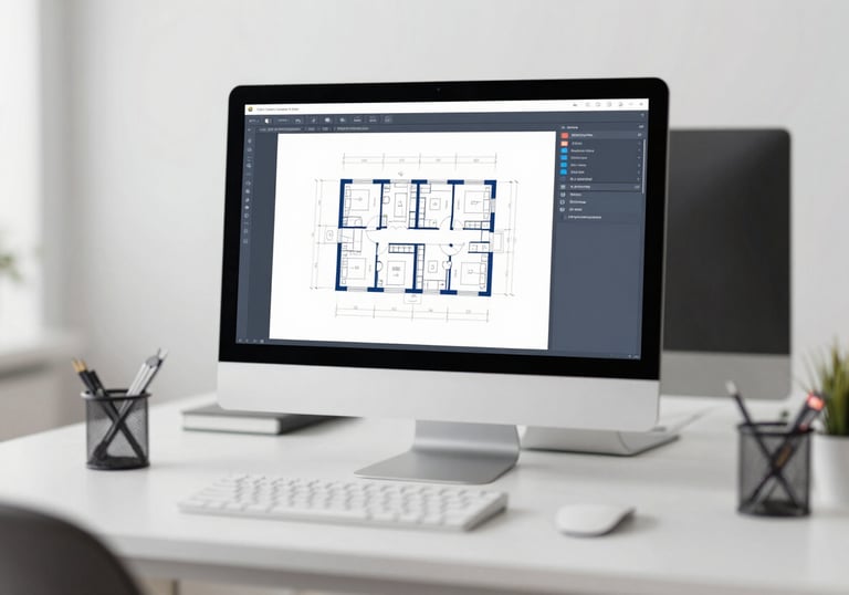 A modern workspace with a high-end computer screen displaying an architectural floor plan, surrounded by professional tools in a clean, bright setting dominated by #F8F8F4 and #4C6A7F.
