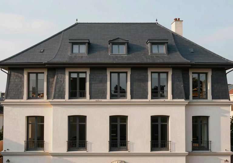 An exterior view of a completed building project in a European / French residential area. The facade and roofing are perfectly executed, reflecting expert craftsmanship and high-end finish.