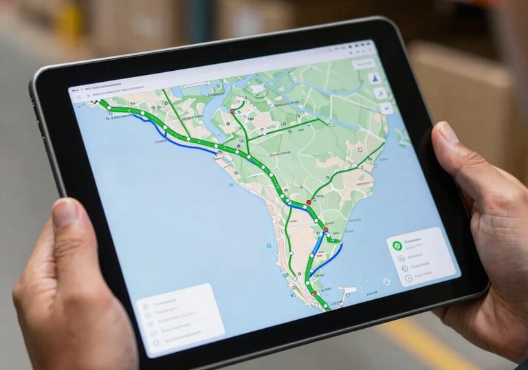 A detailed close-up of a digital tablet showing a logistics map with green and blue route lines, held by professional hands in a South American warehouse setting.