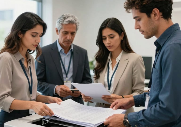 A diverse group of professional office workers in Latin America collaborating near a modern printing station in a bright, professional environment.