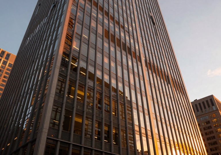 A modern, wide-angle view of a high-rise office window in a North American / US city at sunset, with warm orange light hitting the glass.