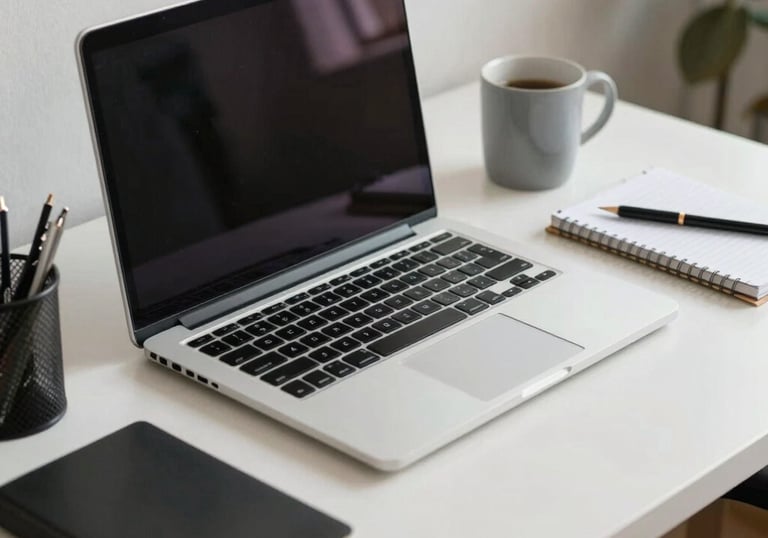 A clean, organized minimalist workspace with a laptop and professional stationery, soft natural daylight, reflecting South American modern business.