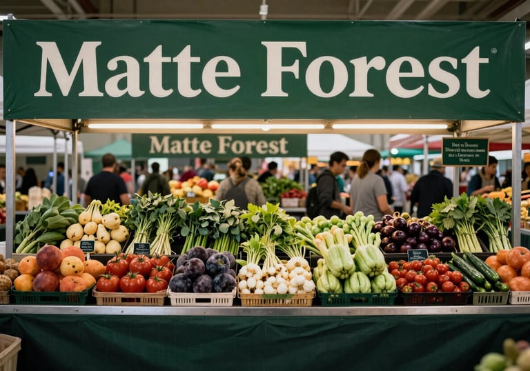 A wide shot of a bustling North American / US farmers market stall featuring Matte Forest Green signage and beautifully arranged local produce.