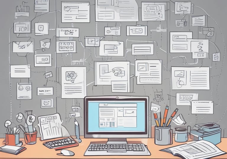 A creative workspace with sketches and color palettes for a new brand.