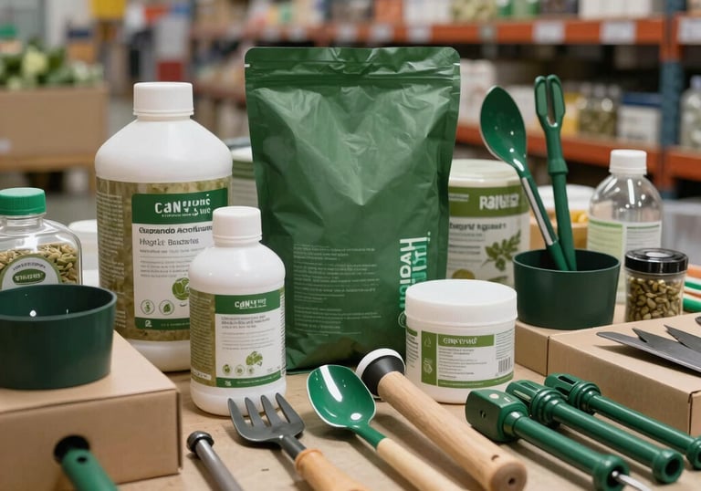 High-quality organic agricultural supplies and tools neatly organized in a clean warehouse setting, green and light brown color scheme, focus on quality.