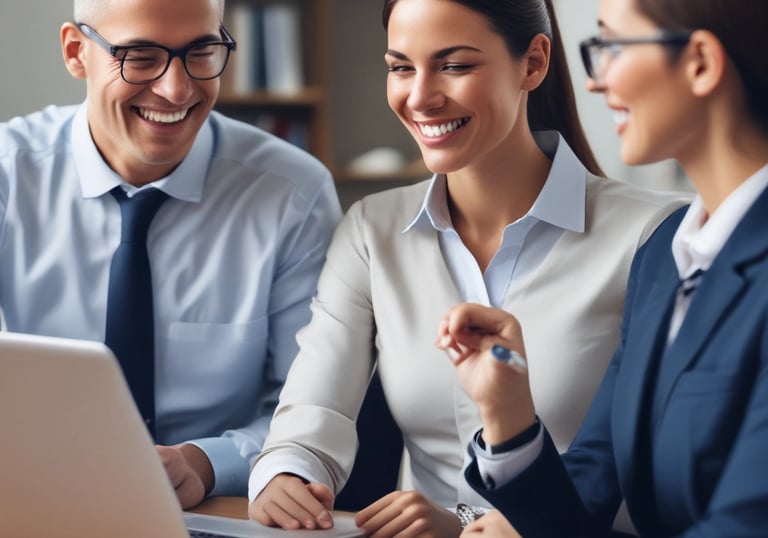 Team members collaborating over computers managing data and client information.
