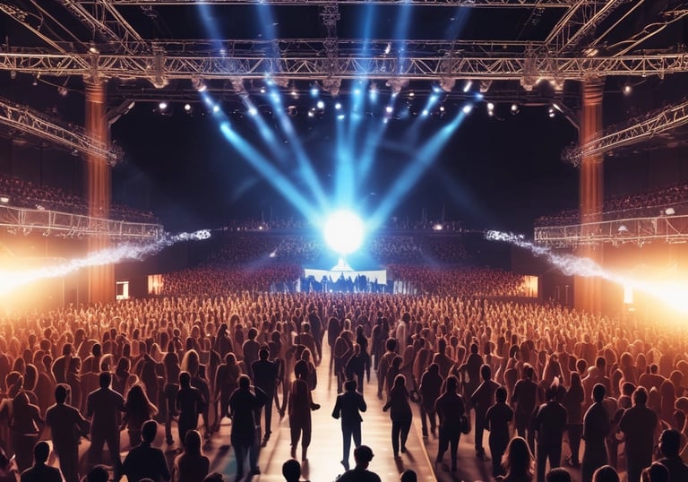 An artist performing on stage with a cheering audience under vibrant lights.