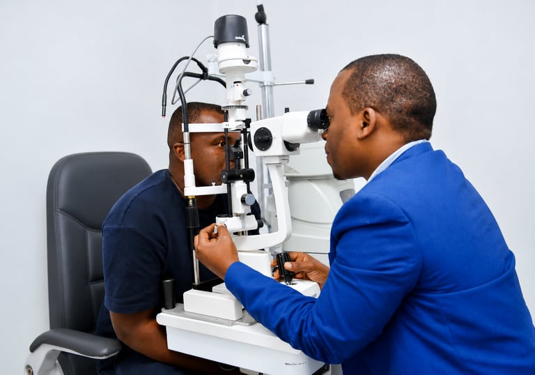 Eye specialist performing detailed eye exam with slit lamp at Optiview Dodoma