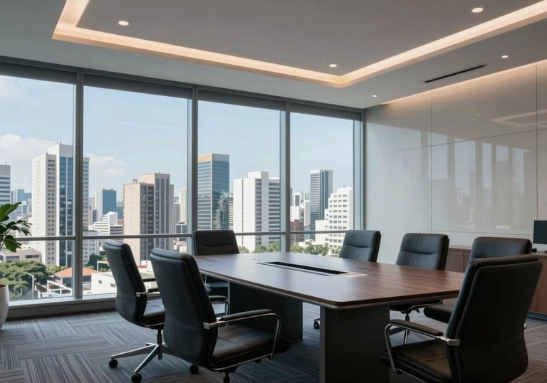 A high-tech executive meeting room with a panoramic view of a Brazilian city skyline, featuring modern furniture and soft blue and white lighting.