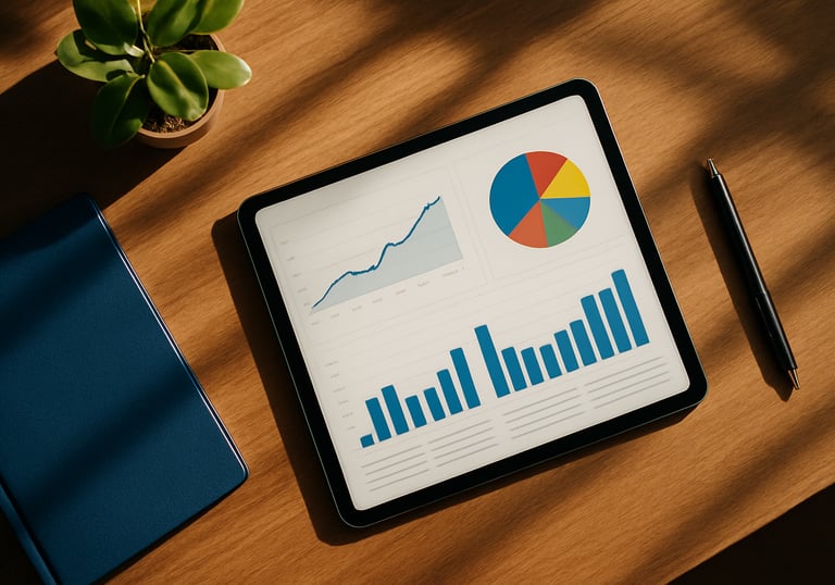 A top-down view of a modern desk with a tablet displaying a professional marketing report. Sunlight streaming in, royal blue notebook nearby, South American / Brazilian setting.