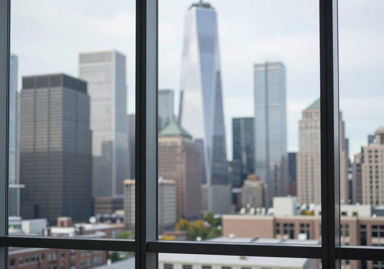 A blurred background of a modern North American / International city skyline seen through a clean glass window with a steel blue grey frame.