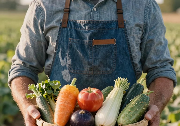 A North American farmer in a denim apron proudly displaying a basket of colorful heirloom produce, shot in a natural, authentic style with soft morning light.