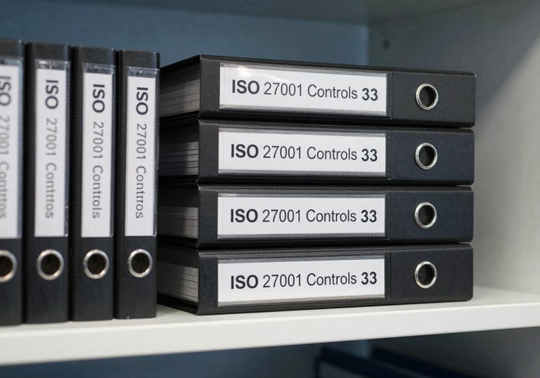 Professional binders labeled 'ISO 27001 Controls' stacked neatly on a white shelf against a slate blue wall.