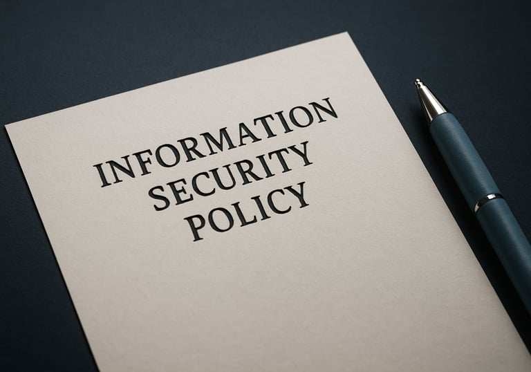 A close-up of a high-quality paper document with the heading 'Information Security Policy' on a dark navy desk. A dusty blue pen lies beside it.