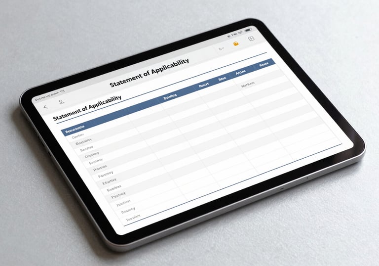 A digital tablet displaying an organized spreadsheet for a 'Statement of Applicability' on a clean, pale silver surface.