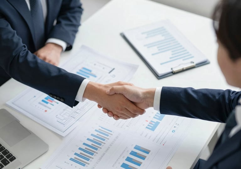 An aerial view of a meeting with three people shaking hands over blueprints and financial spreadsheets. Professional and clean, emphasizing trust.