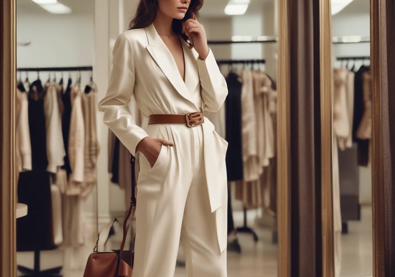 A minimalist flat lay of elegant clothing and accessories on a white background.