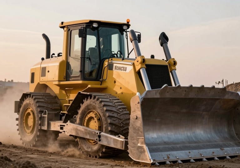 A powerful Komatsu bulldozer moving earth on a large-scale infrastructure project, dust in the air, sunset lighting, industrial power.