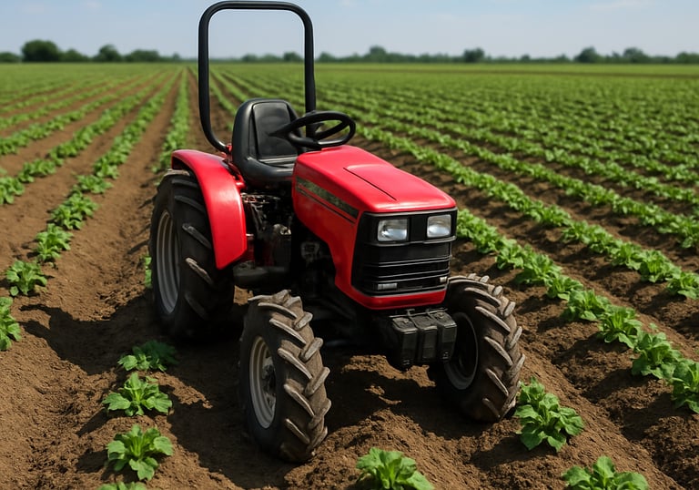 Close-up of neat potato rows with precise spacing, highlighted by early sunlight.